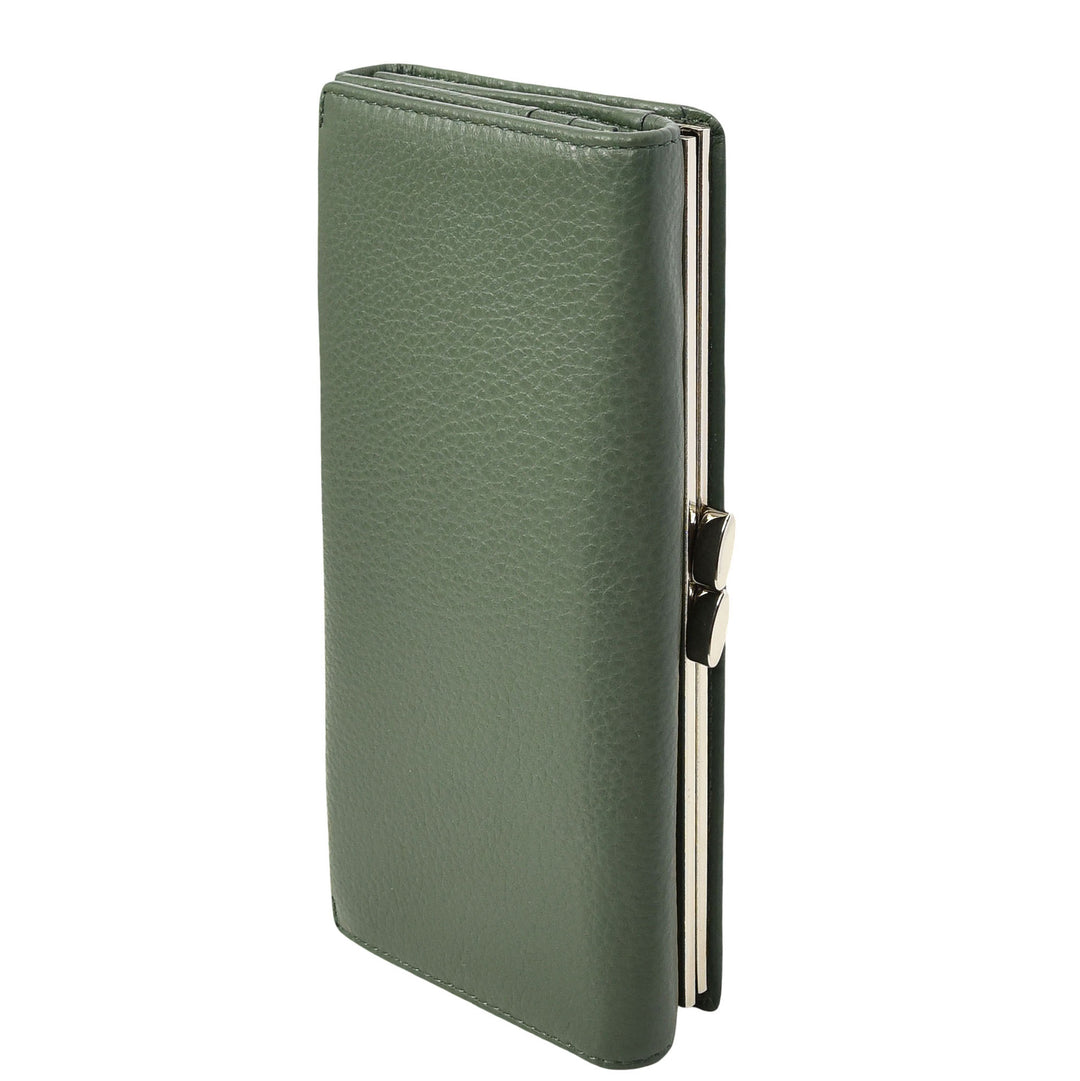 Womens Real Leather Purse Envelope Style with Metal Frame Large Size Clutch Wallet Cumbria Olive Green