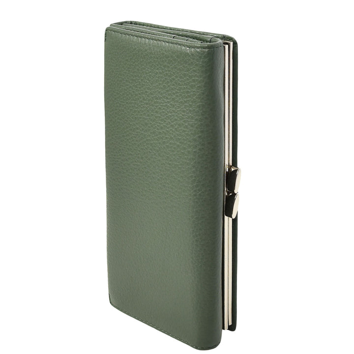 Womens Real Leather Purse Envelope Style with Metal Frame Large Size Clutch Wallet Cumbria Olive Green
