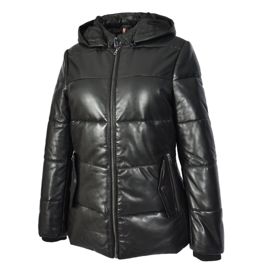 Women's Black Genuine Leather Puffer Jacket Quilted Coat With Removable Hood Padded Design Myra