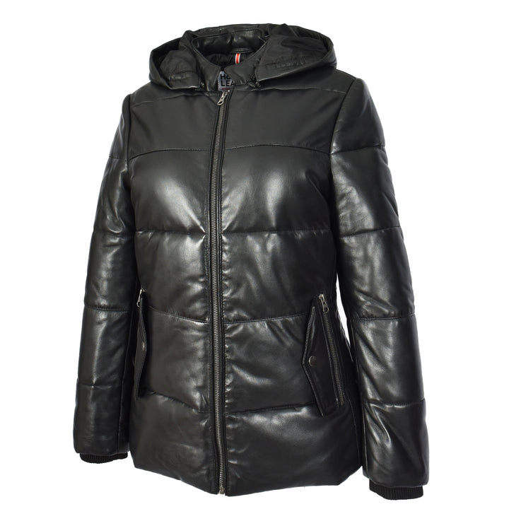 Women's Black Genuine Leather Puffer Jacket Quilted Coat With Removable Hood Padded Design Myra