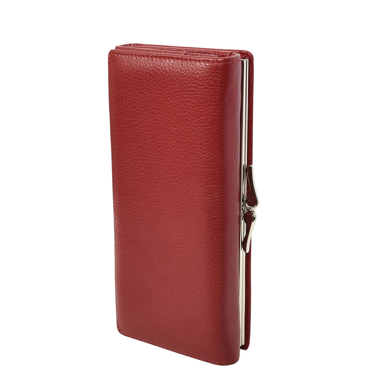 Womens Real Leather Purse Envelope Style with Metal Frame Large Size Clutch Wallet Cumbria Red