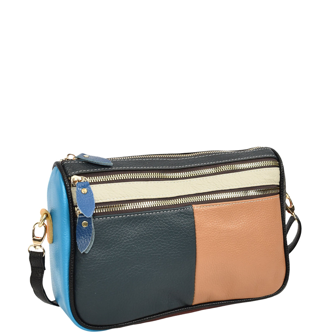 Women's Real Cowhide Leather Multicolour Patchwork Crossbody Bag Colour Block Design HOL309