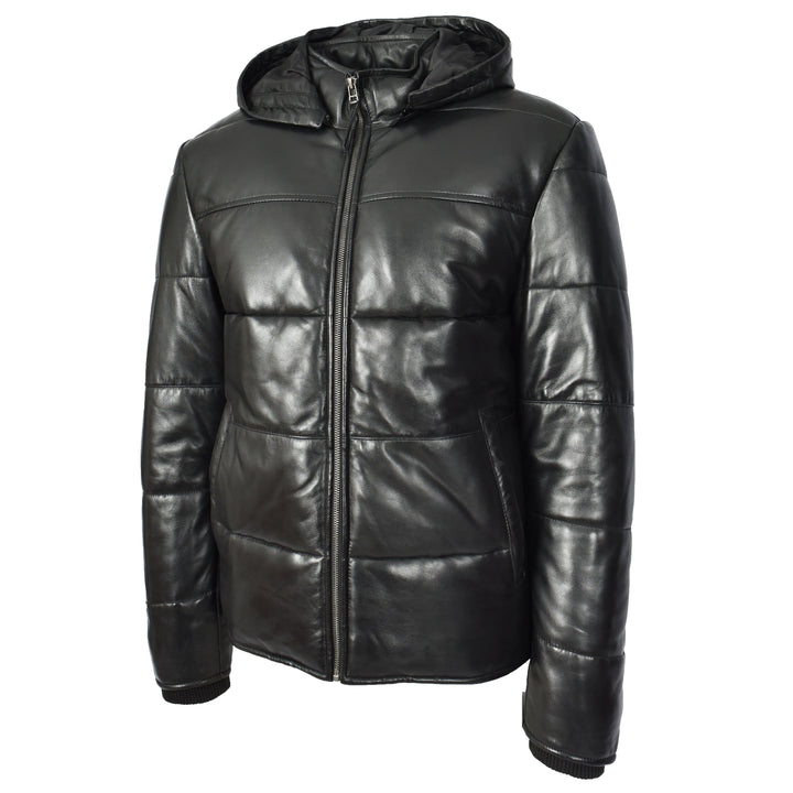 Men's Black Leather Puffer Jacket With Detachable Hood Quilted Padded Outerwear Rory