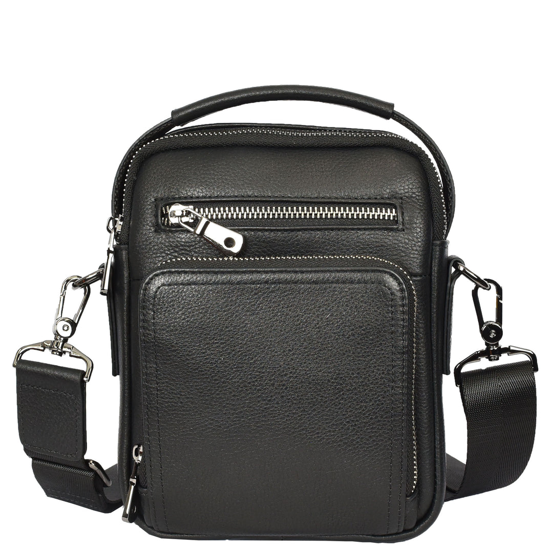 Mens Real Leather Cross Body Bag Small Organiser Travel Pouch Jett Black