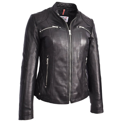 Womens Soft Black Leather Biker Jacket Fitted Quilted Casual Cafe Racer Style Zip Fasten Fiona