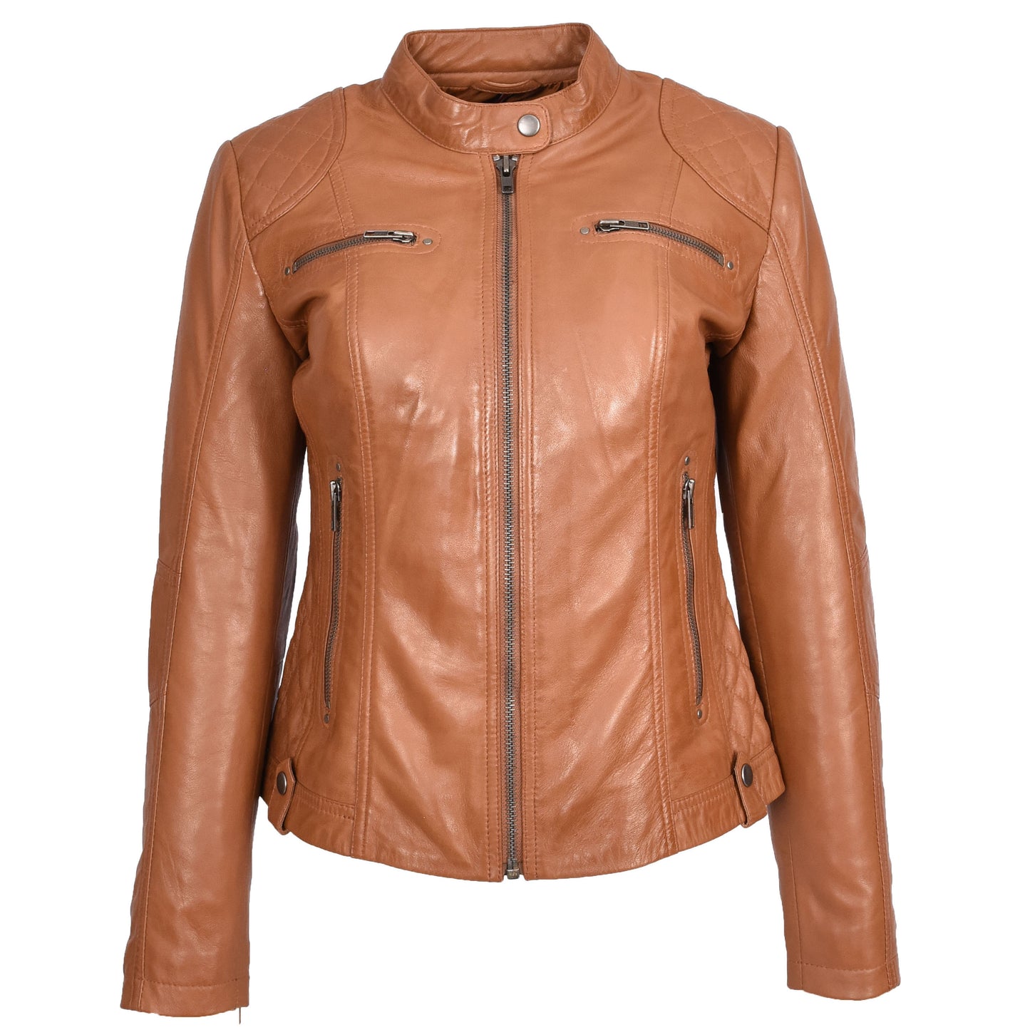 Womens Soft Tan Leather Biker Jacket Fitted Quilted Casual Cafe Racer Style Zip Fasten Fiona