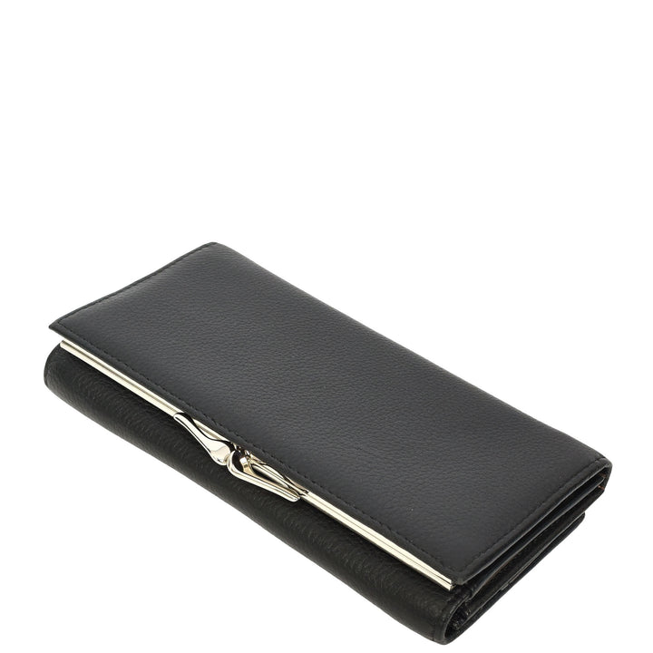 Womens Real Leather Purse Envelope Style with Metal Frame Large Size Clutch Wallet Cumbria Black