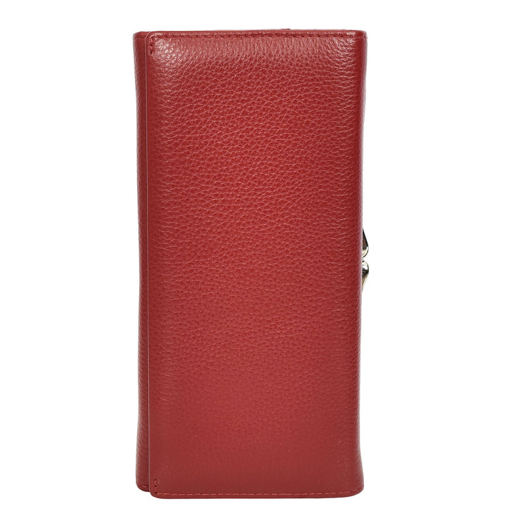 Womens Real Leather Purse Envelope Style with Metal Frame Large Size Clutch Wallet Cumbria Red