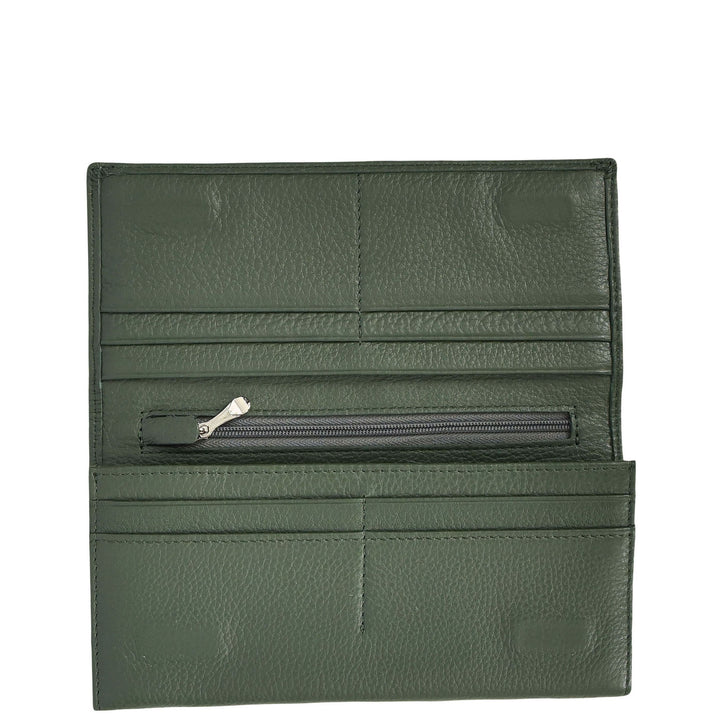 Womens Real Leather Purse Envelope Style with Metal Frame Large Size Clutch Wallet Cumbria Olive Green