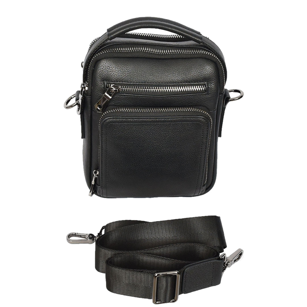 Mens Real Leather Cross Body Bag Small Organiser Travel Pouch Jett Black
