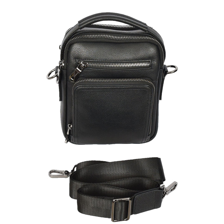 Mens Real Leather Cross Body Bag Small Organiser Travel Pouch Jett Black