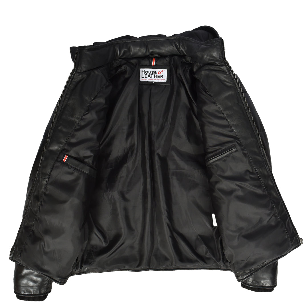 Men's Black Leather Puffer Jacket With Detachable Hood Quilted Padded Outerwear Rory