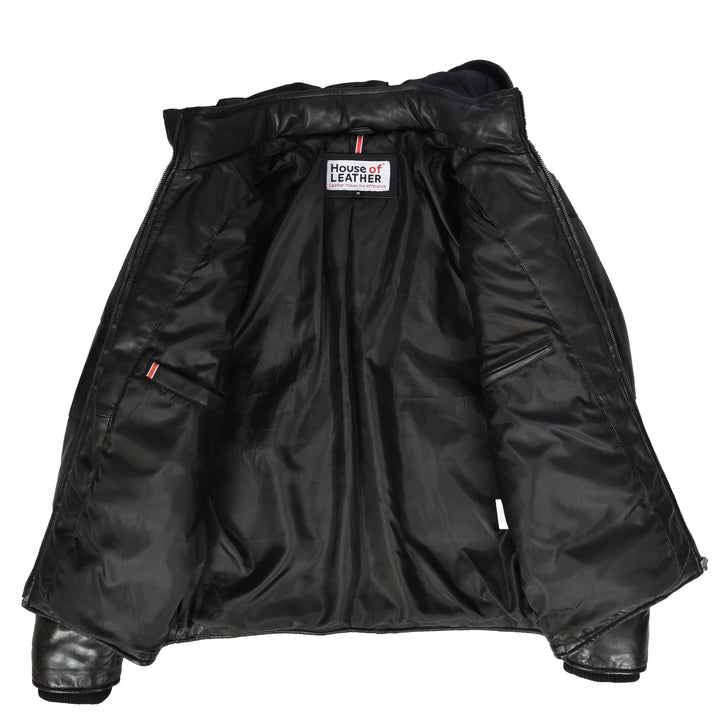 Men's Black Leather Puffer Jacket With Detachable Hood Quilted Padded Outerwear Rory