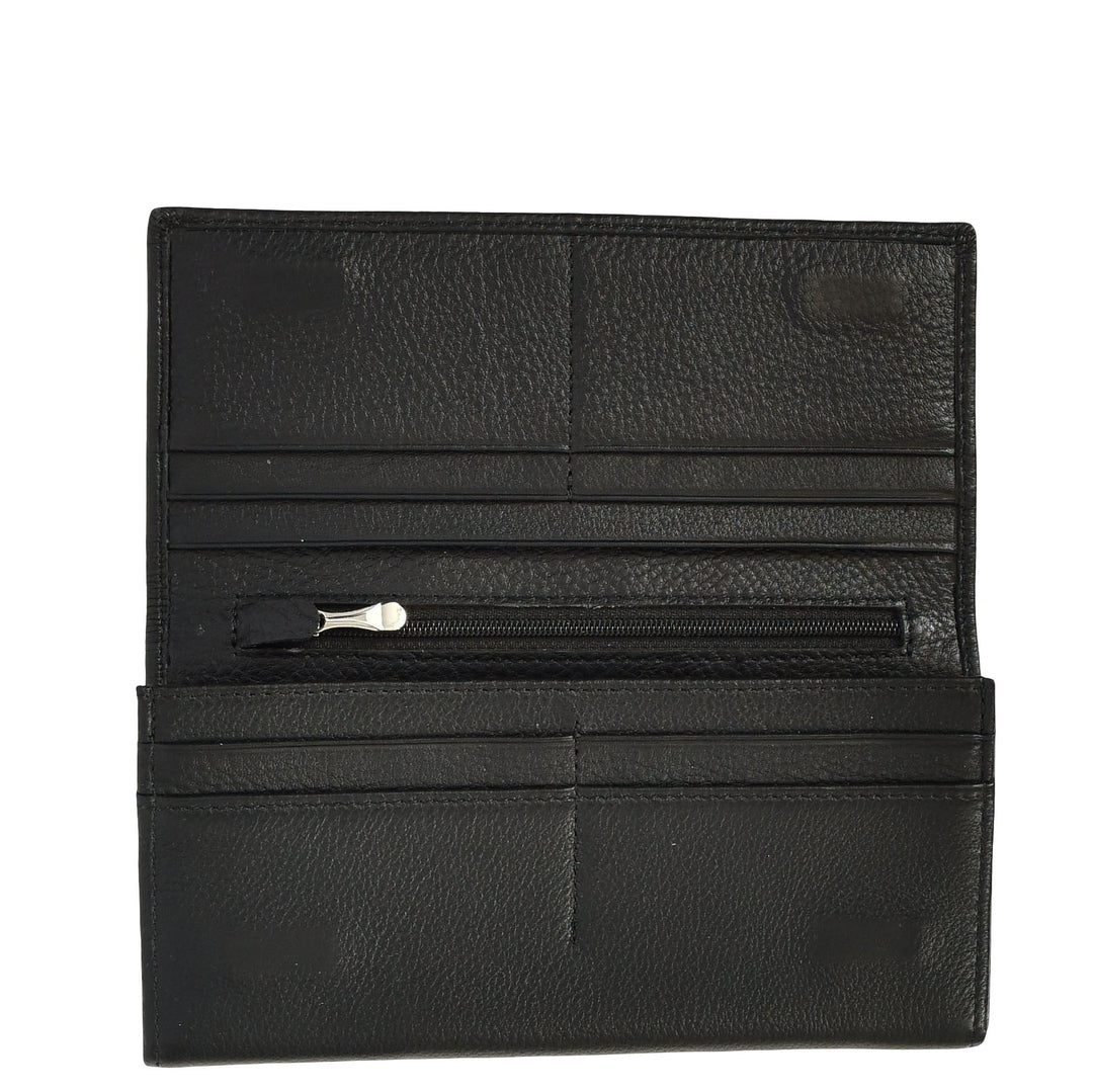 Womens Real Leather Purse Envelope Style with Metal Frame Large Size Clutch Wallet Cumbria Black