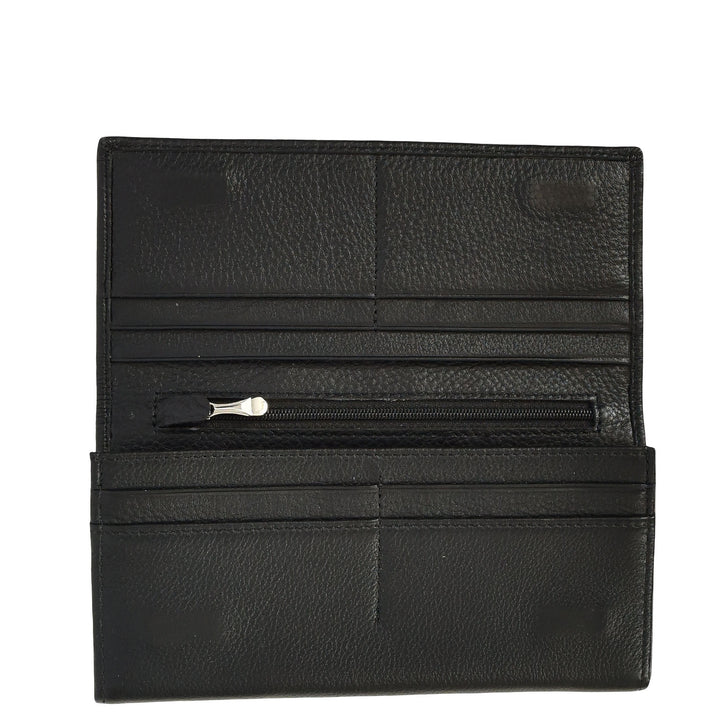 Womens Real Leather Purse Envelope Style with Metal Frame Large Size Clutch Wallet Cumbria Black