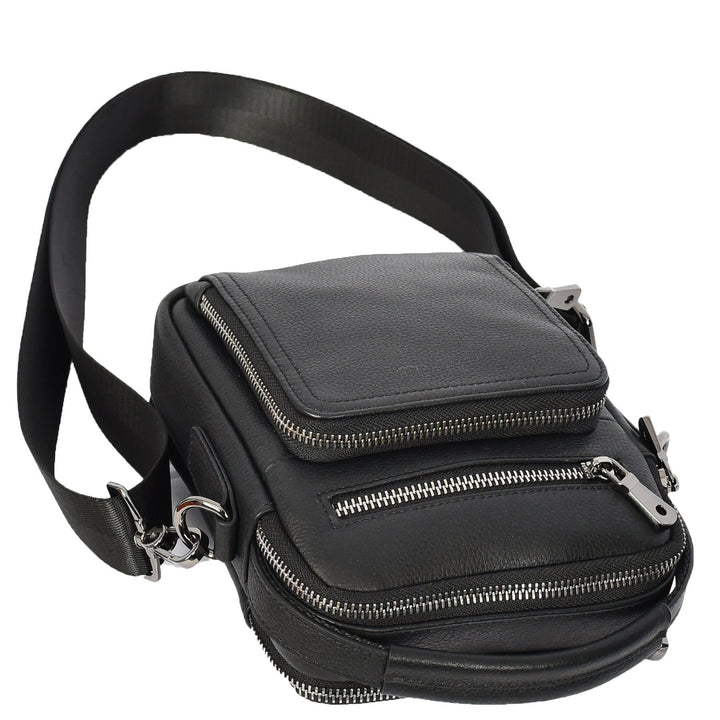 Mens Real Leather Cross Body Bag Small Organiser Travel Pouch Jett Black
