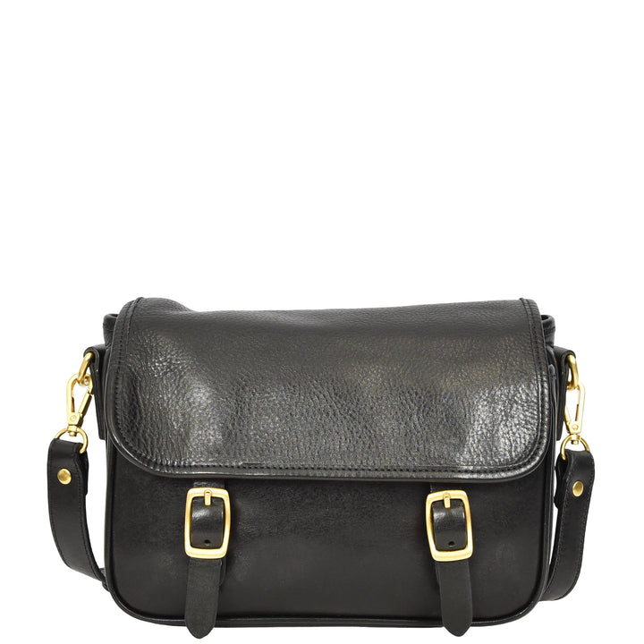 Womens Classic Premium Leather Messenger Cross Body Bag Helen Black