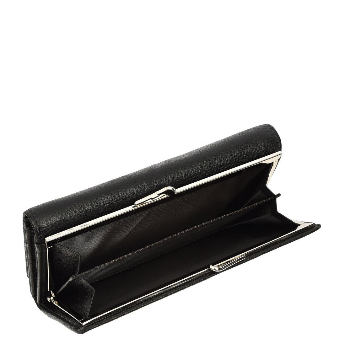 Womens Real Leather Purse Envelope Style with Metal Frame Large Size Clutch Wallet Cumbria Black