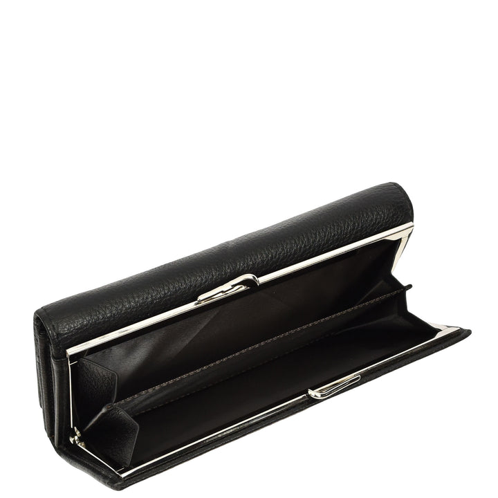 Womens Real Leather Purse Envelope Style with Metal Frame Large Size Clutch Wallet Cumbria Black