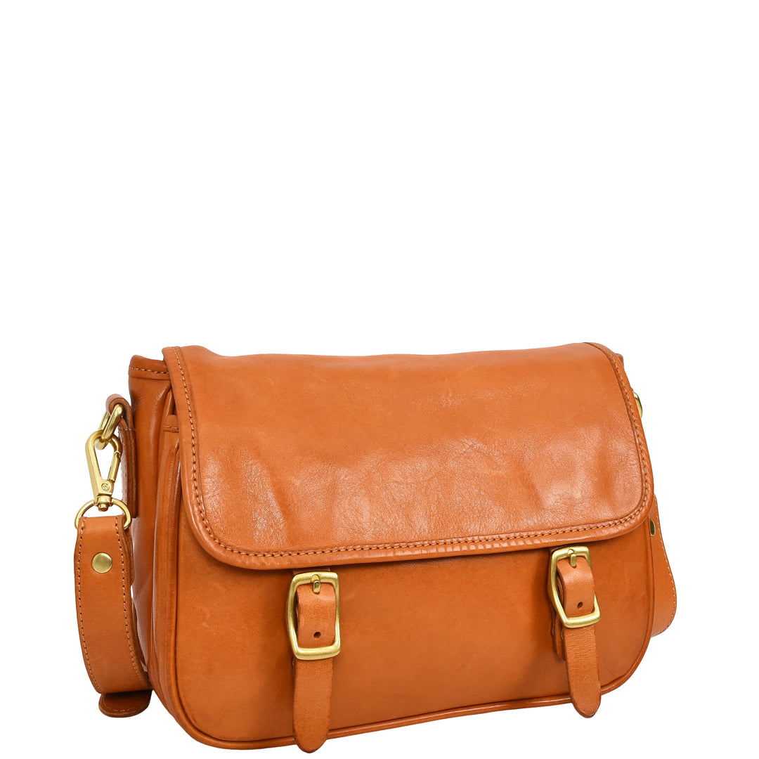 Womens Classic Premium Leather Messenger Cross Body Bag Helen Tan