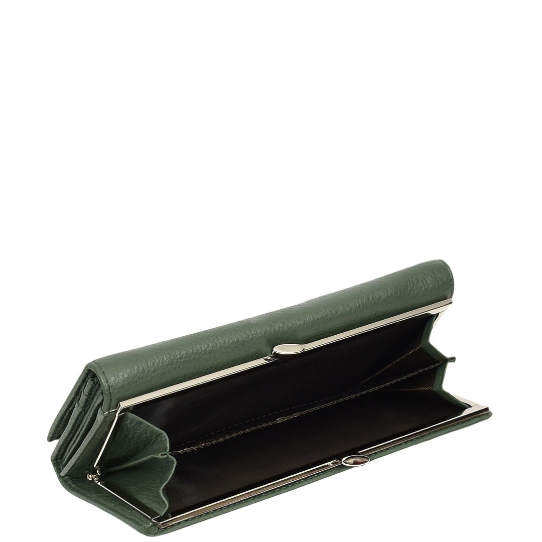 Womens Real Leather Purse Envelope Style with Metal Frame Large Size Clutch Wallet Cumbria Olive Green