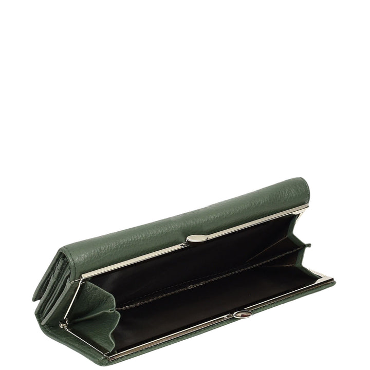 Womens Real Leather Purse Envelope Style with Metal Frame Large Size Clutch Wallet Cumbria Olive Green