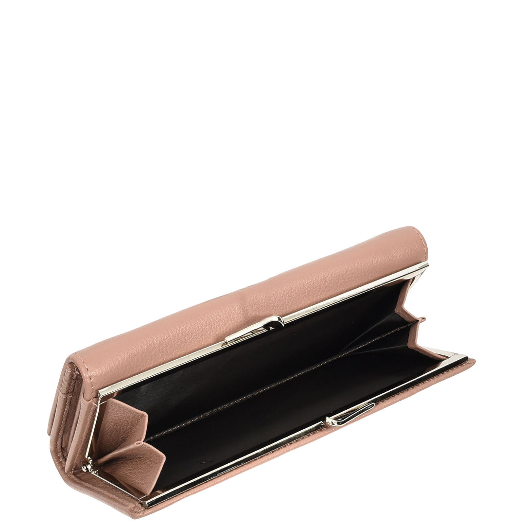 Womens Real Leather Purse Envelope Style with Metal Frame Large Size Clutch Wallet Cumbria Pink
