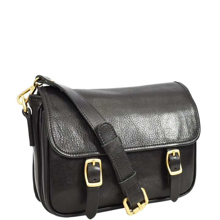 Womens Classic Premium Leather Messenger Cross Body Bag Helen Black