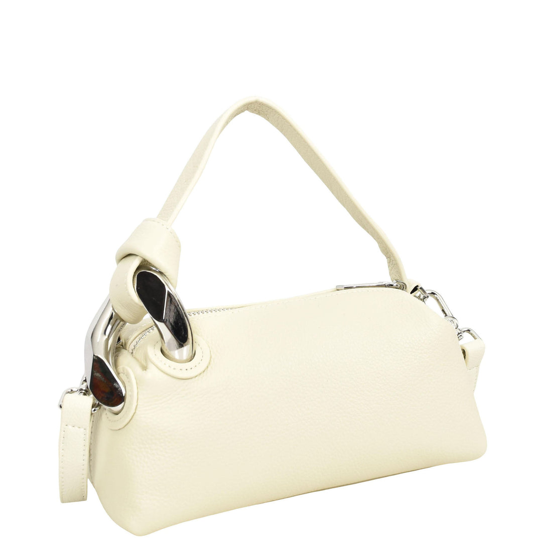 Womens Real Leather Handbag Small Size with Adjustable Strap Amara Off White