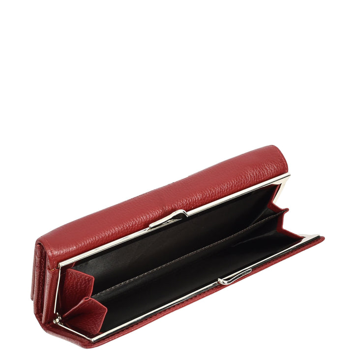 Womens Real Leather Purse Envelope Style with Metal Frame Large Size Clutch Wallet Cumbria Red