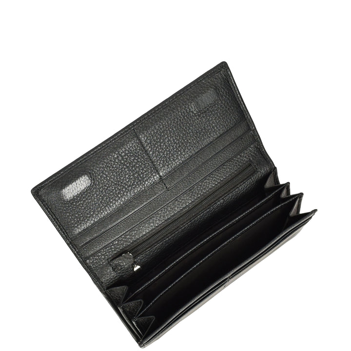 Womens Real Leather Purse Envelope Style with Metal Frame Large Size Clutch Wallet Cumbria Black