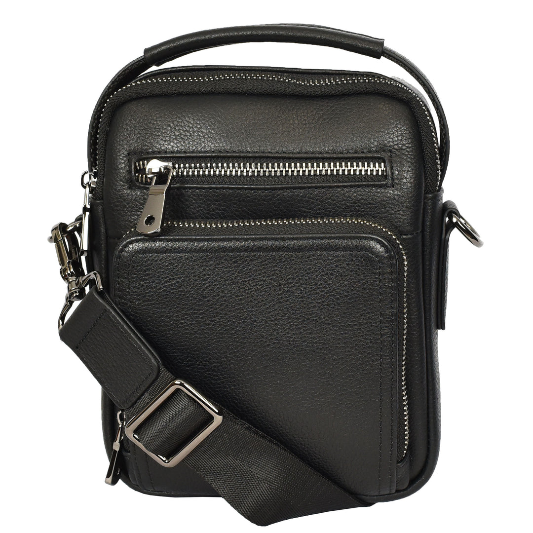 Mens Real Leather Cross Body Bag Small Organiser Travel Pouch Jett Black