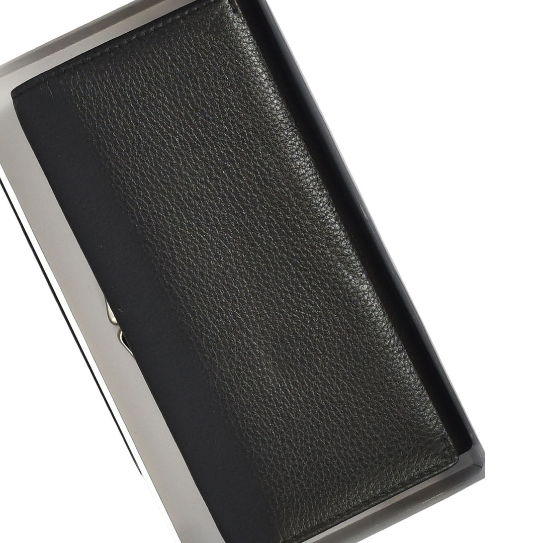 Womens Real Leather Purse Envelope Style with Metal Frame Large Size Clutch Wallet Cumbria Black
