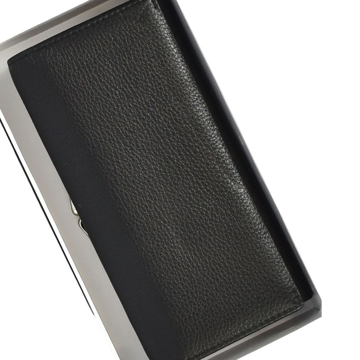 Womens Real Leather Purse Envelope Style with Metal Frame Large Size Clutch Wallet Cumbria Black