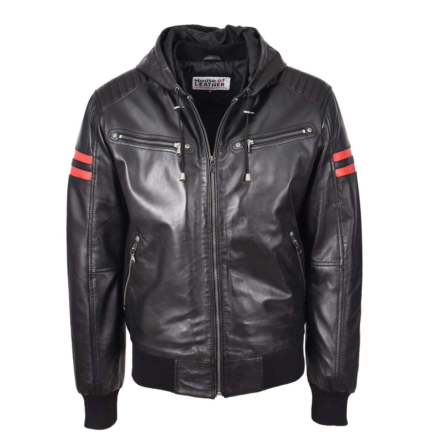 Mens Real Leather Bomber Zip Jacket Hooded RAMMY Black