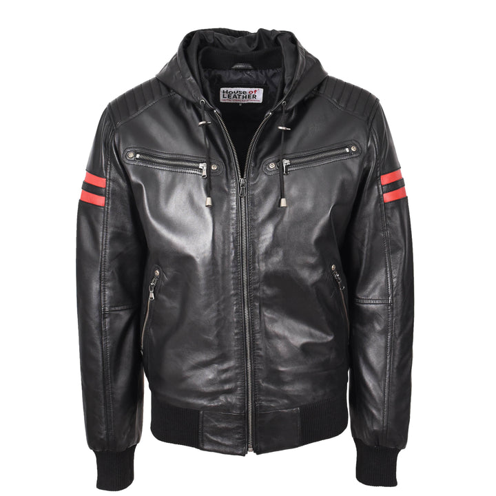 Mens Real Leather Bomber Zip Jacket Hooded Remmy Black