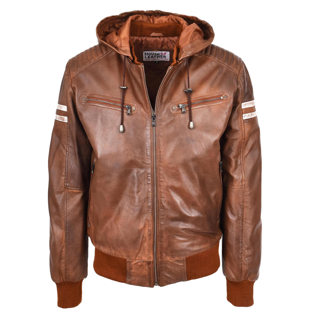 Mens Leather Bomber Jacket Hooded Remmy cognac House of Leather