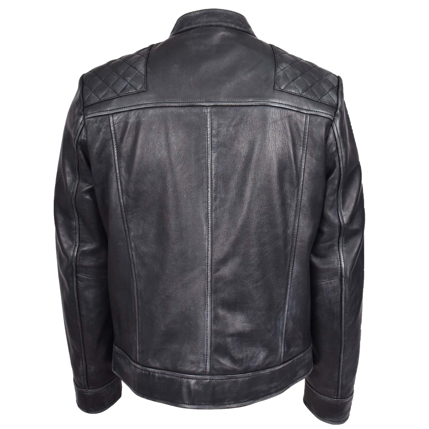 Mens Real Leather Biker Jacket Cafe Racer Style Dommo Black