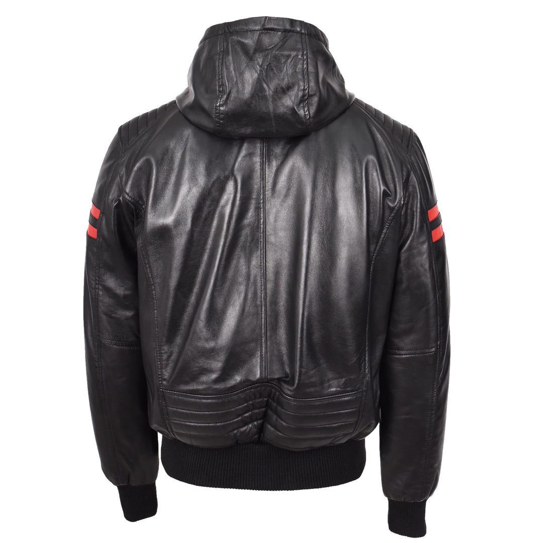 Mens Real Leather Bomber Zip Jacket Hooded Remmy Black
