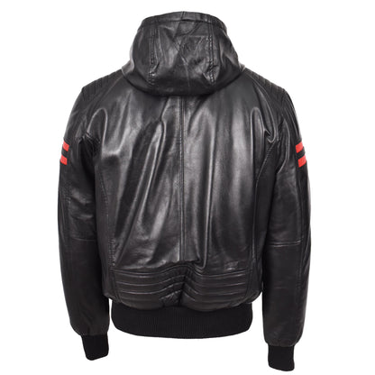 Mens Real Leather Bomber Zip Jacket Hooded RAMMY Black