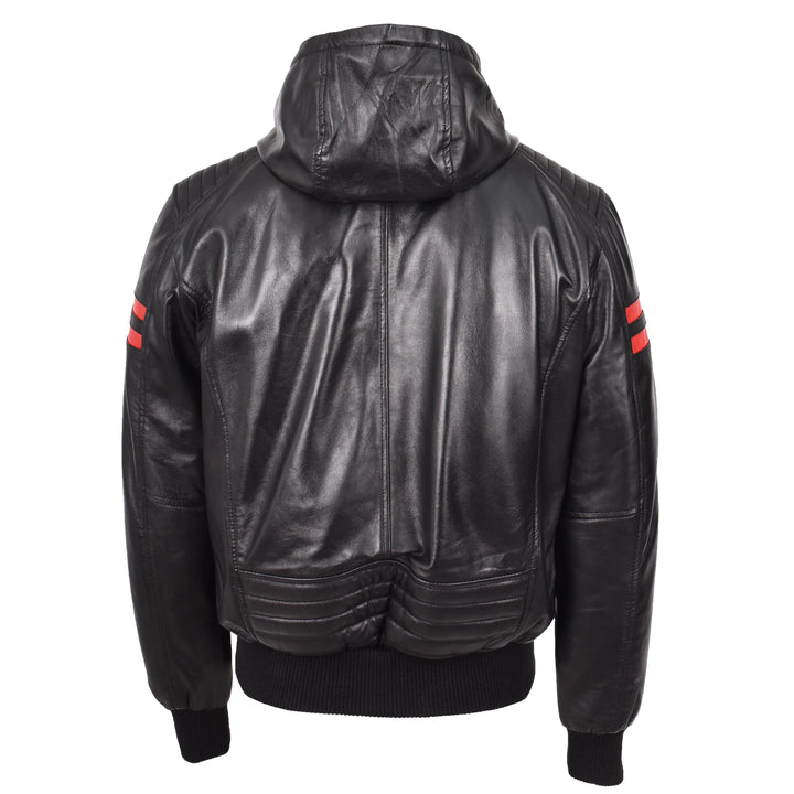 Mens Real Leather Bomber Zip Jacket Hooded Remmy Black