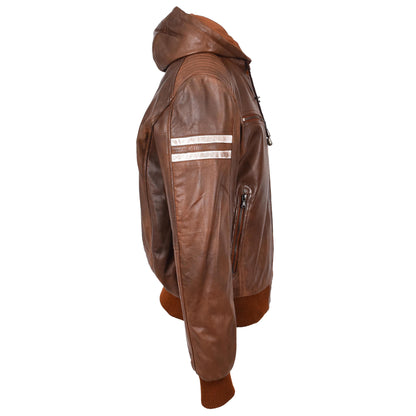 Mens Real Leather Bomber Zip up Detachable Hoodie Jacket REMMY Cognac