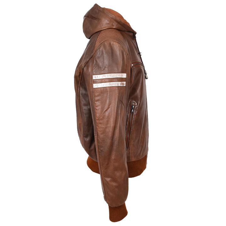 Mens Real Leather Bomber Zip up Detachable Hoodie Jacket Remmy Cognac