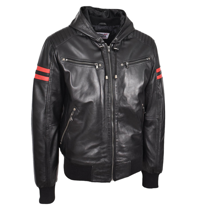 Mens Real Leather Bomber Zip Jacket Hooded Remmy Black