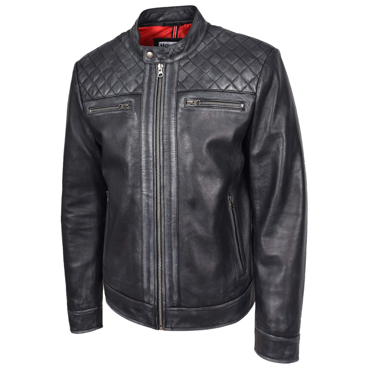 Mens Real Leather Biker Jacket Cafe Racer Style Dommo Black