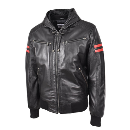 Mens Real Leather Bomber Zip Jacket Hooded RAMMY Black