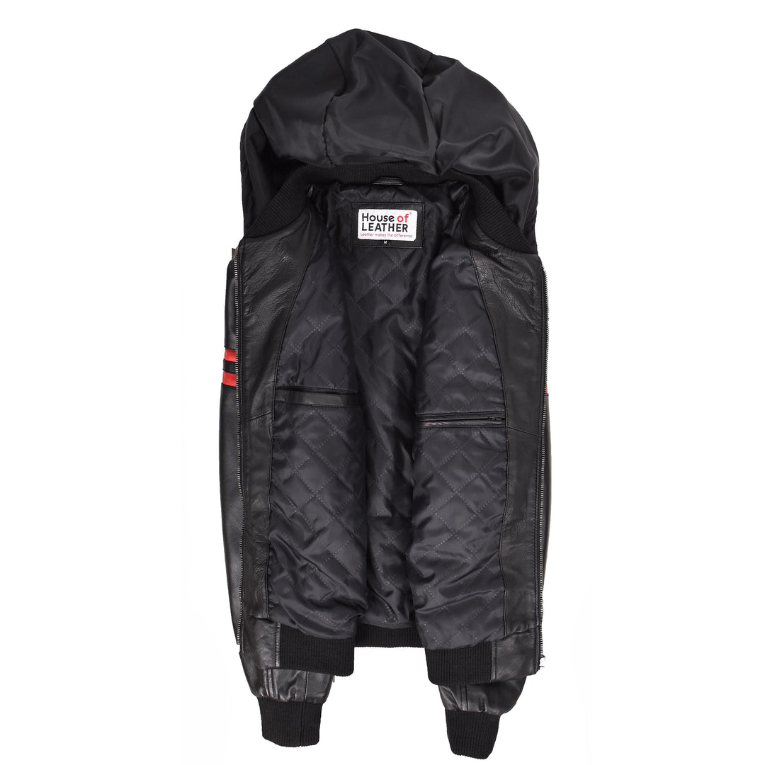 Mens Real Leather Bomber Zip Jacket Hooded Remmy Black