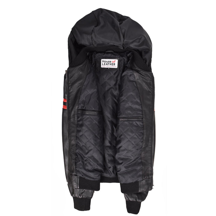 Mens Real Leather Bomber Zip Jacket Hooded Remmy Black