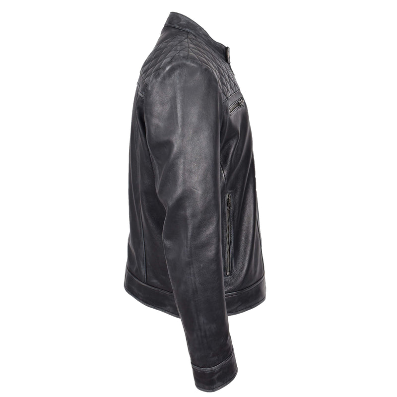 Mens Real Leather Biker Jacket Cafe Racer Style Dommo Black