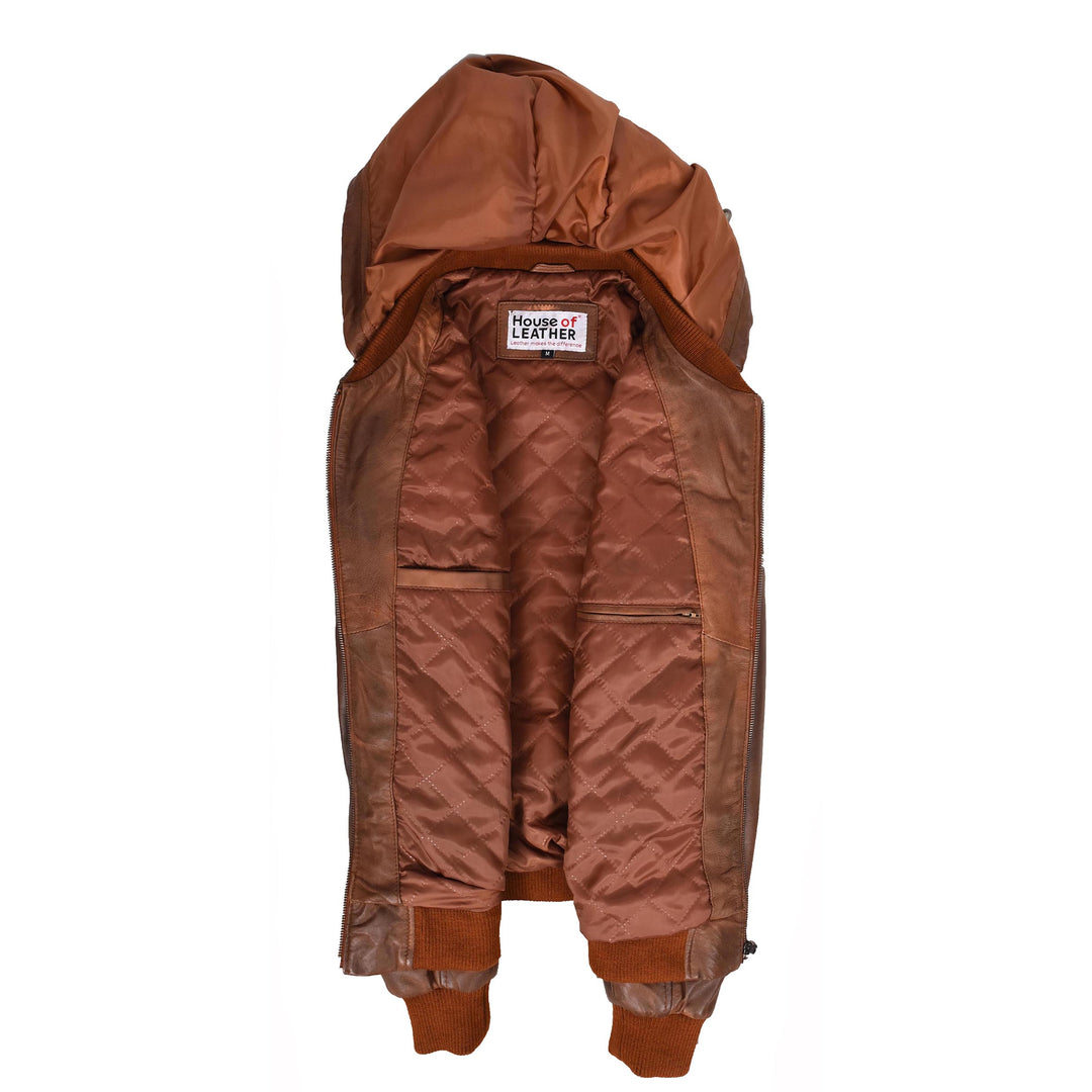 Mens Real Leather Bomber Zip up Detachable Hoodie Jacket Remmy Cognac